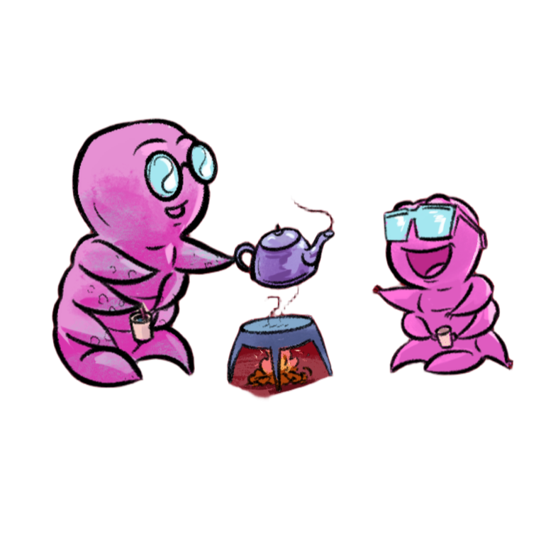 Terran and Tobi the tardigrades having tea together